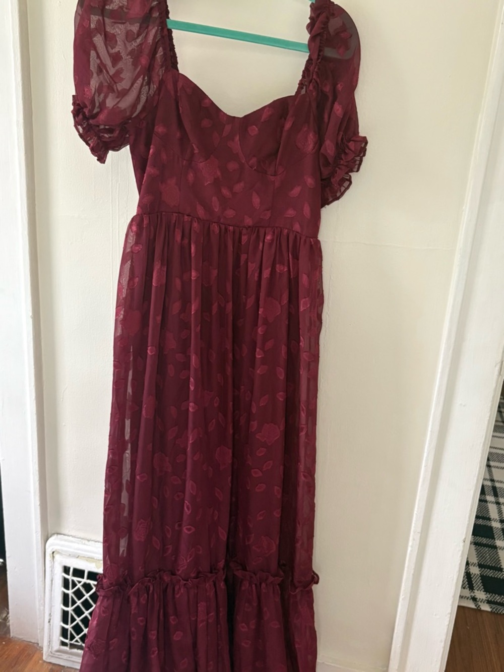 Lulu's Burgundy Floral Puff-Sleeve Bridesmaid Dress